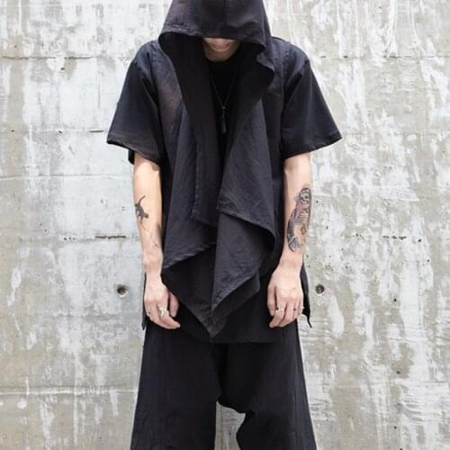 Men Hip Punk Gothic Casual Large Size Cotton and linen Hooded Sleeveless Vest Cardigan Sleeveless Jacket Mens Vest