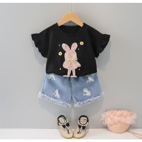 Summer Children Clothing Baby Girls Ruffled Short Sleeve T-Shirt Tops+Denim Shorts 2Pcs Sets Cartoon Rabbit Bow Kids Clothes