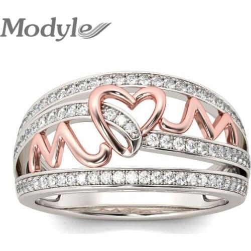 Modyle 2018 New Love Mom Rose Gold Color Heart Rings for Women Shiny Zircon Rhinestone Ring Jewelry Mothers Day Birthday Gift