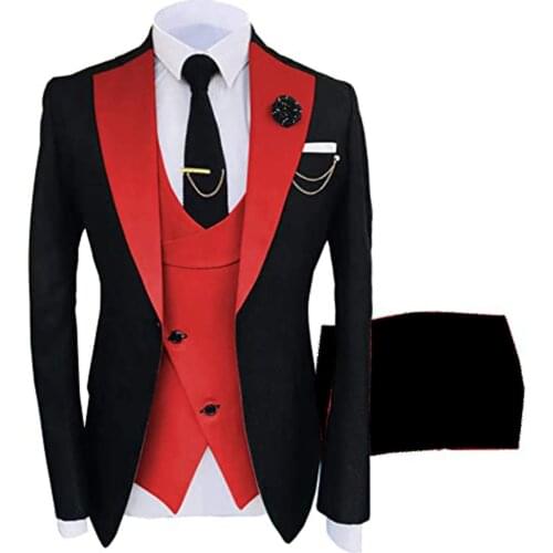 Black/Red Groom Wear Men Suits Set For Wedding 3 Pieces Peaked Laple Jacket+Vest+Pants Blazers Custom Made Slim Fit Tuxedos Coat