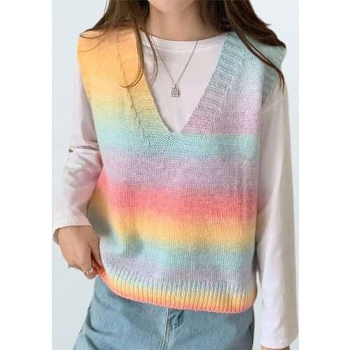 OUSLEE Korean Spring Women Causal V-neck Sleeveless Sweater Rainbow Vest V-Neck Pullover Tank Tops Waistcoat Ladies Tops