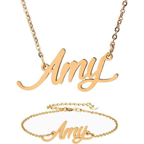 Fashion Stainless Steel Name Necklace + Bracelet Set " Amy " Script Letter Gold Choker Chain Necklace Pendant Nameplate Gift