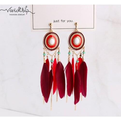 Fashion Bohemian Big Long Enamel Feather Clip on Earrings for Women Without Piercing Red Hanging Earring Female Bijoux 2018