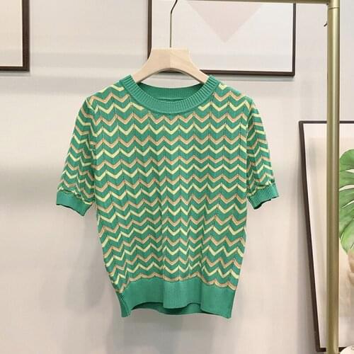 Casual Hollow Out Stripe Knitted Short Sleeve Tops Women Summer Thin Short T-Shirt Fashion Plus Size 4XL O-Neck Tees Female