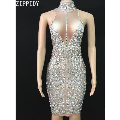 New design Silver Rhinestones Big Stretch Dress Sleeveless Shining Crystals Dress Stage Celebrate One-piece Dress Nightclub