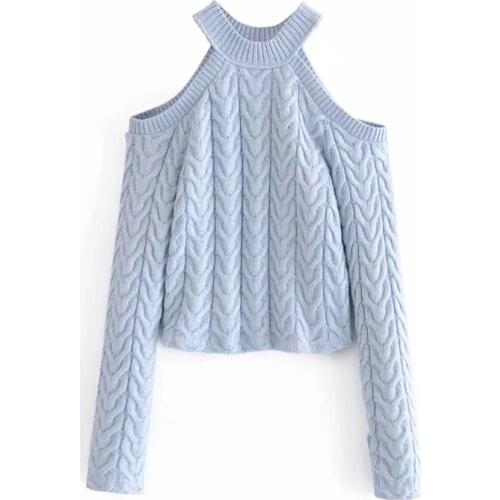 ZA New Sexy Knitted Sweater Off Shoulder Pullovers Sweater Women Long Sleeve O Neck Female Slim Short Chic Clothing