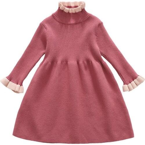 Baby girl sweater dress winter new solid color fine wool sweater wood ear girl sweet knit sweater thick warm baby girl dress