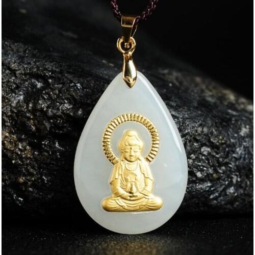 Authentic natural jade white water drops pendants gold inlaid Hetian jade Guanyin pendant men and women neck ornaments