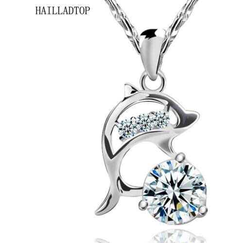 Silver Plated Choker Necklace Clavicle Chain Charm Crystal Jumping Dolphins Necklaces&Pendants for Women Pendent with Chain