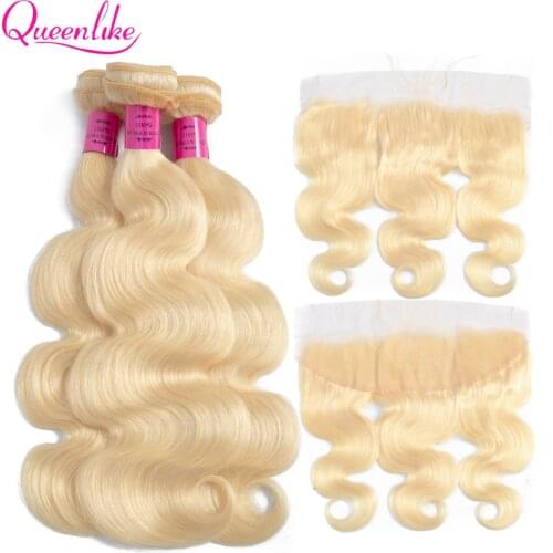 Queenlike Color 613 Brazilian Body Wave Remy Human Hair Bundles With Frontal Light Honey Blonde Bundles With Closure