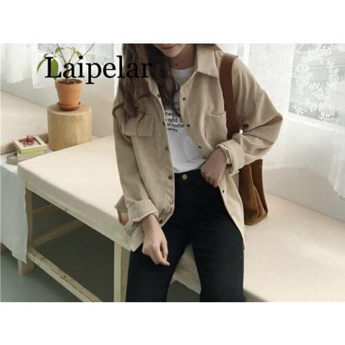 Laipelar Corduroy Shirt Coat Women Fashion Long Sleeve Preppy Wide Waist Turn Down Collar Crop Jacket Women Harajuku Casual