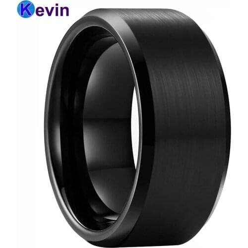 Super Men Ring Men Black Tungsten Wedding Band With Bevel Edges Brush Finish With 10MM Comfort Fit