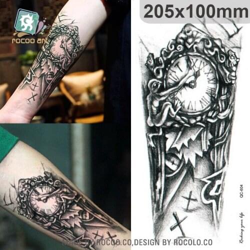 QC Series New Big Black Clock Tattoo Design Temporary Tattoo Of Body Waterproof Large Body Tattoo Sticker For Men