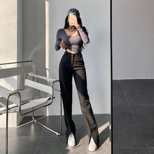 TVVOVVIN Pantalon Femme Korean Black High Waist All-match Straight Split Trouser Autumn Casual Commute Suit Pants Women NZ6J