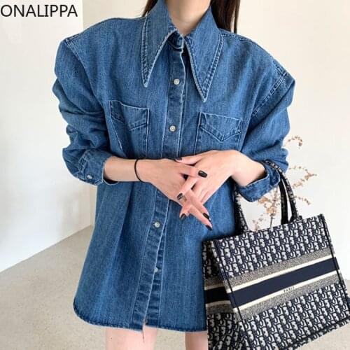 ONALIPPA Women Shirt 2021 Autumn Korean Chic Retro Simple Single-Breasted Loose Casual Double-Pocket Washed Blue Denim Blouses