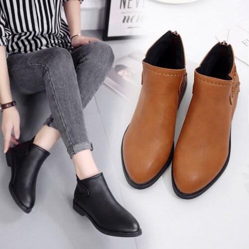 New Women Boots Square Heel Shoes spring Breathable Female Comfortable Square Head Pointed Toe Shoes Retro Autumn PU Leather