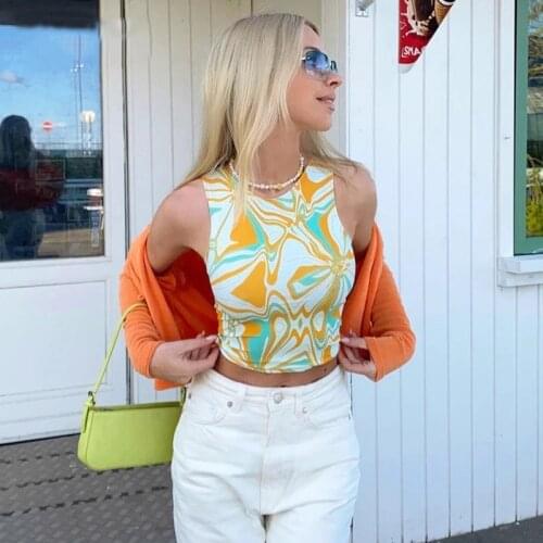 Y2K Printed Sleeveless Top Womens Corset Strapless Green Casual Summer Retro Yellow Vest Sexy Fashion Harajuku Blouse Slim