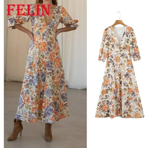 Za 2021 Chic Floral Print Vintage Women Dress Three Quater Sleeve V Neck Casual Midi Dress Fashion Autumn Elegant Mujer Vestidos