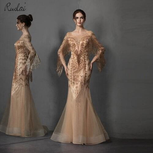 Luxury Mermaid Evening Dress Long 2019 Newest Gold Color Women Evening Dresses with Tassel vestidos de fiesta de noche