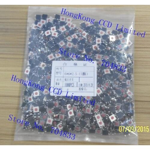 1000pcs/lot 6*6*2.5 touch switch button switch reset switch smd patch red head 5 Pin 6X6X2.5