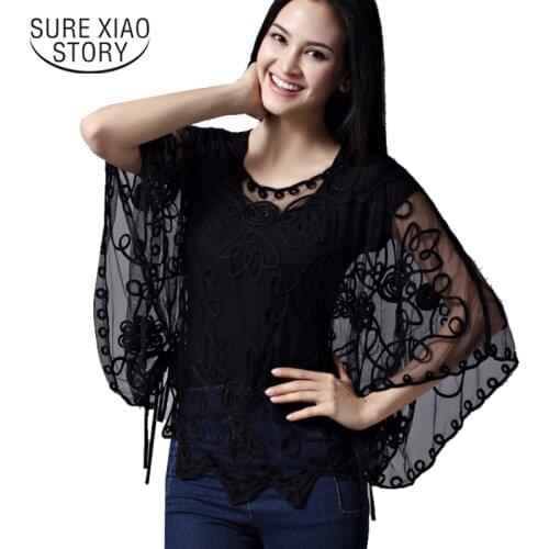 2015 High Quality Womens Summer Blusas Femininas Loose Hollow Blouse Chiffon Lace Perspective Bat Shirt Women Cardigan 803J 38