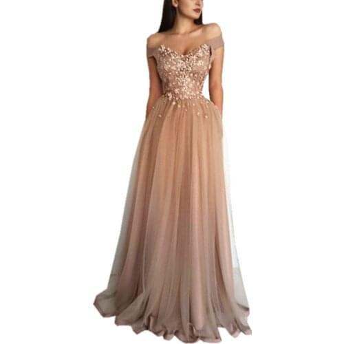 2020 Illusion Prom Dresses Tulle Beading Appliques Party Gown Back Lace Up Evening Dresses Off The Shoulder Robe De Soiree