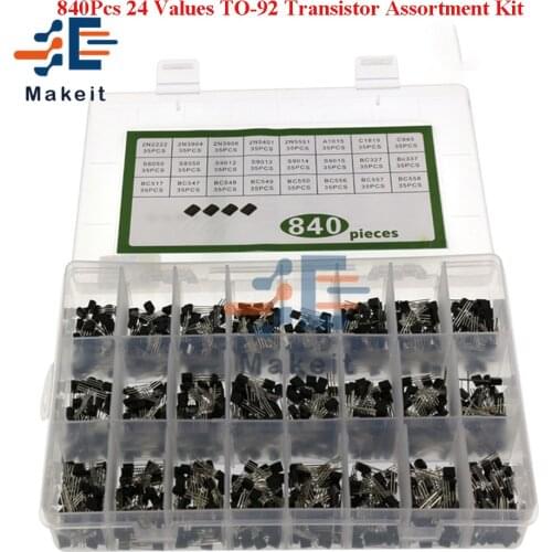 840Pcs 24 Values TO-92 Transistor Assortment Kit BC327 BC337 BC547 Transistor Triode 2N2222 3904 3906 C945 PNP/NPN Transistors