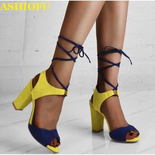 ASHIOFU Real Photos Handmade Ladies Chunky Heel Sandals Shoelace Ankle Strap Party Summer Shoes Sexy Evening Fashion Sandals