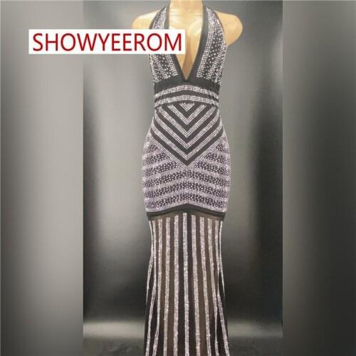 Sparkly Silver Rhinestone Mirror Elastic fabric Long Dress Women Birthday Stage play Celebrate Dress Dancer Party Show Dress