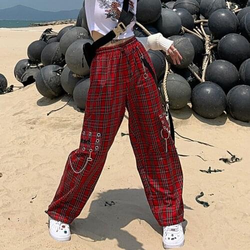 Punk Cargo Pants Women Harajuku Red Plaid Pant Egirl Hip Hop Checkered Trousers Streetwear Goth Emo Grunge Clothes High Waist