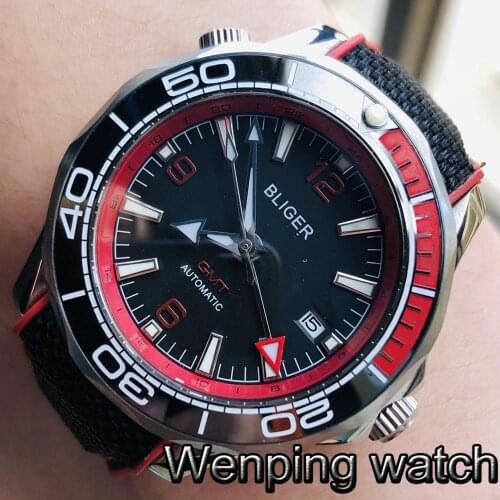 Bliger 41mm GMT Mens Top Mechanical Watch Silver Case Sapphire Glass Ceramic Bezel Luminous Rubber Strap Mens Automatic Watch
