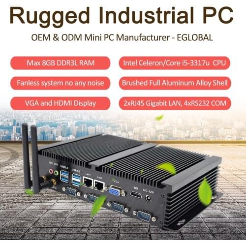 Industial Mini PC Intel Celeron 1007U/1037U Core i5 3317U 4 RS232 COM Fanless Mini Rugged Computer 8 USB VGA HDMI Dual RJ45 Lan