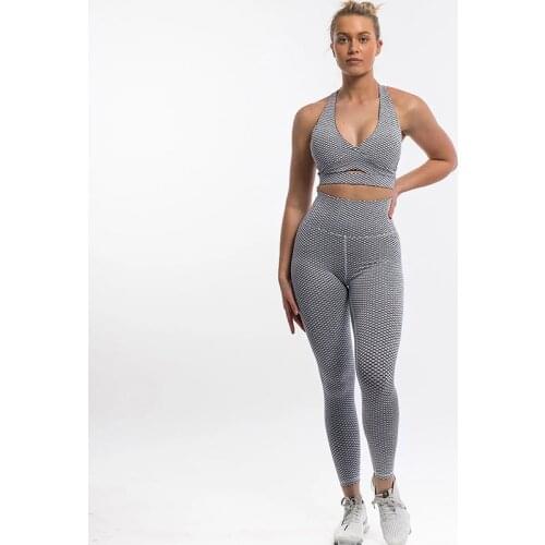 Grid yoga sets women gym clothes Two Piece Set Sports Jogging Suit sports bra High Waist Leggings Fitness workout set