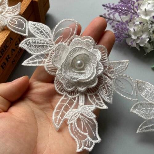 20X White Rose Flower Leaf Pearl Lace Trim Applique Trimming Ribbon Embroidered Fabric Sewing Craft Handmade Wedding Decoration