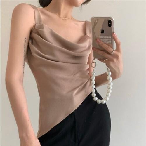 Hzirip Summer Hot Fashion Casual Diagonal V-Neck Craft Satin Womens 2021 Solid Color Wrinkle Design Loose Sleeveless Tank Tops