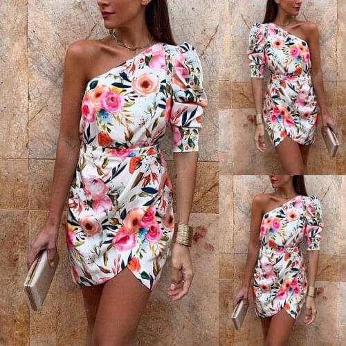 SUJYing 2021 Spring And Summer New Womens Printed One Shoulder Bag Hip Skirt High Waist Slim Dress