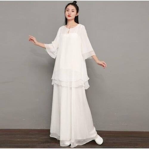 Chinese Style Clothing Women Tai Chi Uniform Yoga White Vintage Top And Wide Leg Pants Kung Fu Outfit 3 Piece Set Women 11258
