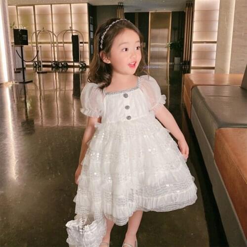 Tutu Dress for Girl 2021 Fashion Summer Clothing Lantern Sleeve Princess Dress with Sequin Mid-Calf Length Dress Ball Gown