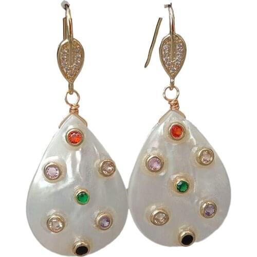 Teardrop White Shell Mop Trimmed With Multi Color Cz Dangle Hook Earrings