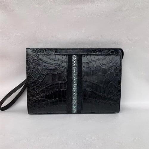 Patchwork Design Authentic Stingray Skin Men Wristlets Bag Genuine Exotic Crocodile Leather Male Envelop Clutch Large Card Purse