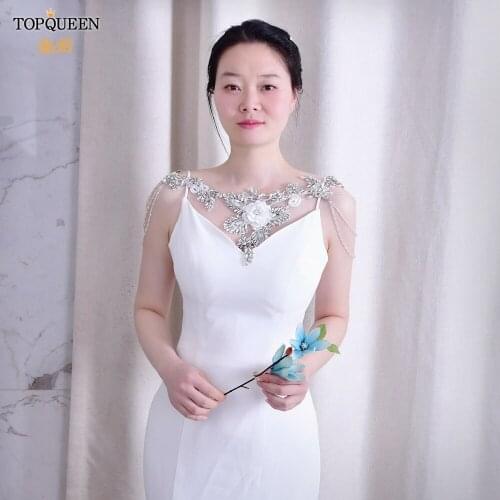 TOPQUEEN G37 Bridal Capes for Wedding Sexy Bridal Halter Jewely Rhinestone Crystal Shawl Bolero Jacket Plus size Necklace