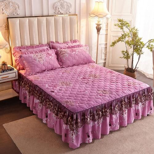 Thickened Plus Velvet Quilted BedSkirt One-piece Lace Edge Bedspread Winter Warm Crystal Velvet Non-slip Bed Skirt
