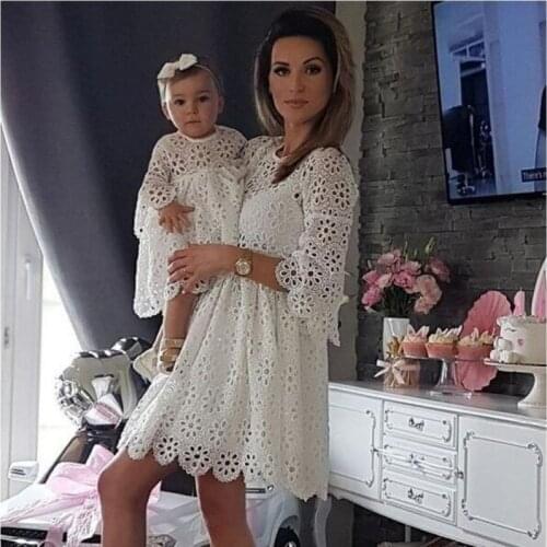 Spring White Mom Daughter Matching Dresses Three Quarter Sleeve Long Dress Mommy and Me Lace Outfits Family Clothing