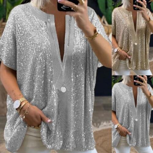 2 Colors Women Ladies Sequins Summer T-shirt Tops Summer Blouse Short Sleeve for Vacation