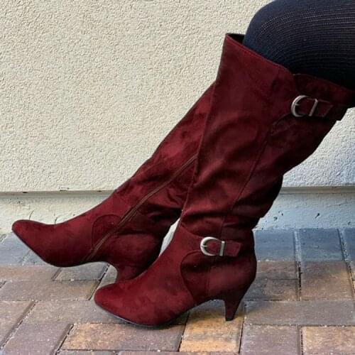 2021 New Arrival Knee High Boots Thin Heel Square Toe Comfortable Ladies Shoes Winter Solid Buckle Women Boots Zip Heel Boots