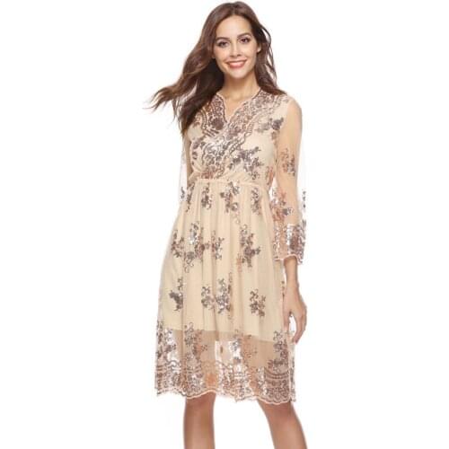 New Fashion Sexy Lace Dress V Neck Elegant Sequin Evening Party Dresses Women Mesh Streetwear Midi Dress Vestidos