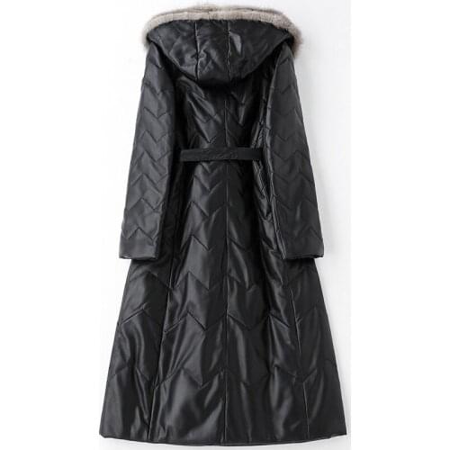 Winter Women 100% Genuine Leather Long Jackets Fashion Mink Fur Collar Belt Hooded Overcoat Brand Elegant Office Warm Coat