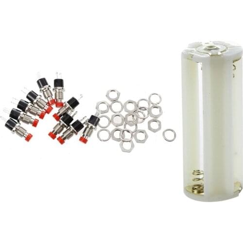 10Pcs Red Cap SPST Momentary Mini Pushbutton Switch & 5 Pcs Flashlight Cylindrical 3 X AAA Battery Plastic Holder Box