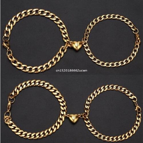 2pcs High Quality Magnet Lovers Bracelet for Couples Gold Heart Charm Pendant Titanium Steel Bracelets Women Jewelry Dropship