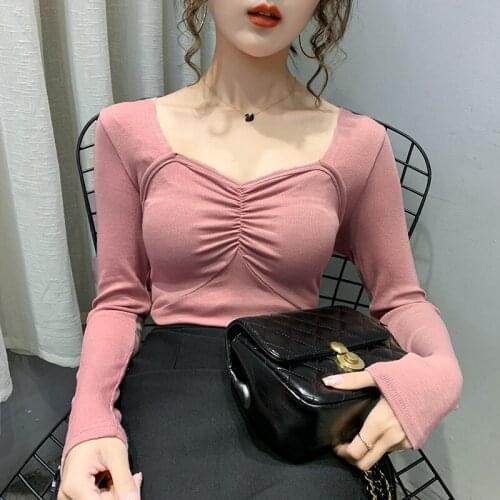 2020 New Fashion Cotton Pink Women T Shirt Sexy V Neck Long Sleeve Party Club Top Tees Shirts Femme Black Women T-shirt